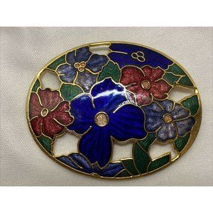 Vintage Cloisonné Cutout Floral Brooch Pin Raised Wire Enamel Statement 2.25"